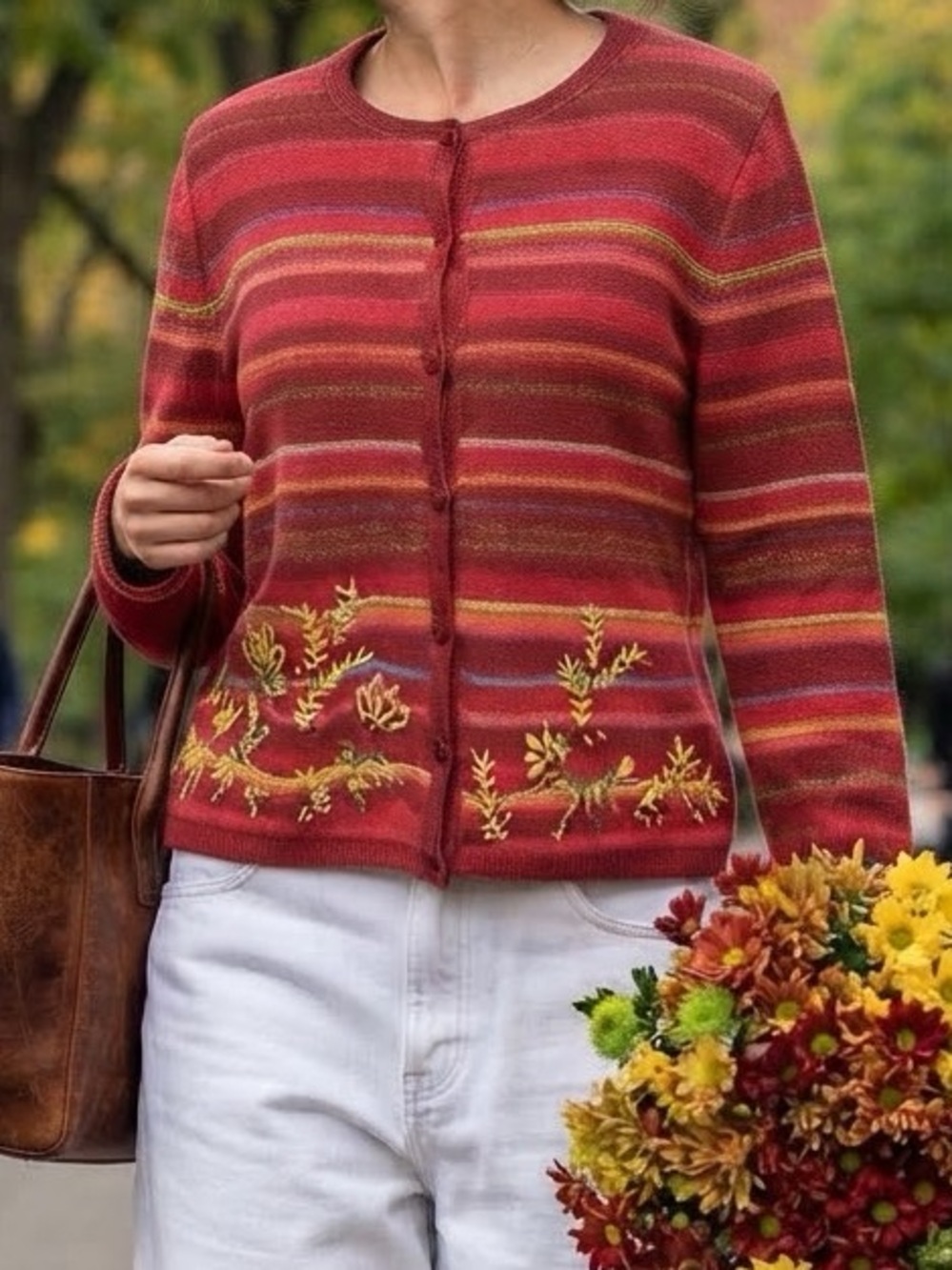 Vintage Striped Embroidered Floral Button Talbots Cardigan Red M Cottagecore